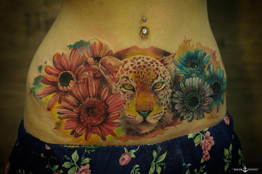 Leopard and Flowers Tattoo on Stomach
