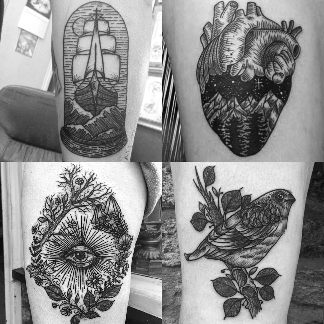 Etching Black and Grey Tattoos