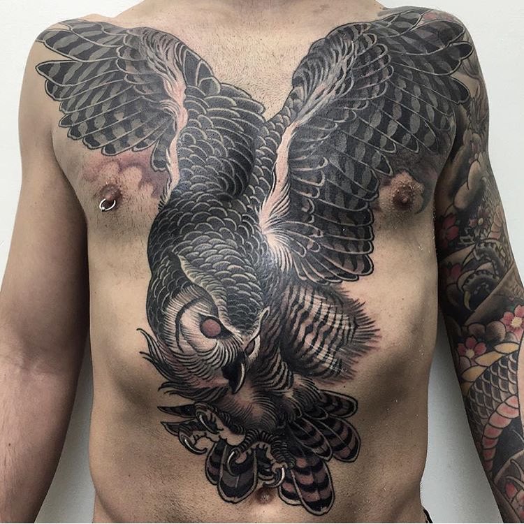 huge owl on full chest with gigantic and detailed wings