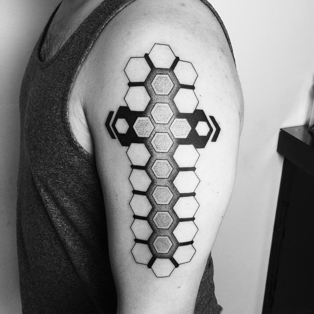 Shoulder Dotwork Honeycombs Tattoo