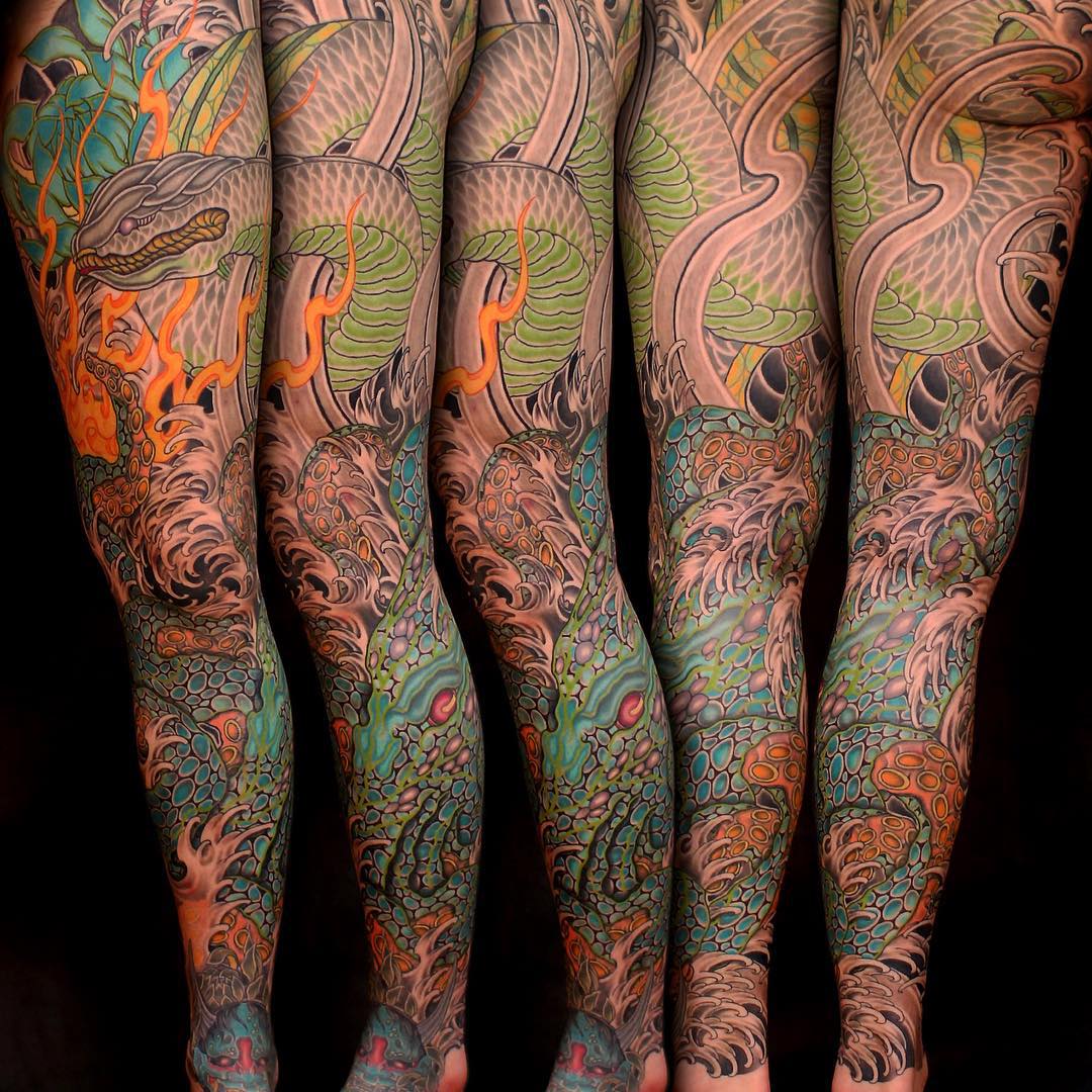 full leg tattoo sleeve done on typical yakuza japanese tattoo style