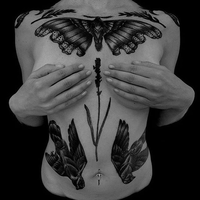 Black and Grey Doves and Butterfly Tattoos on girl's body