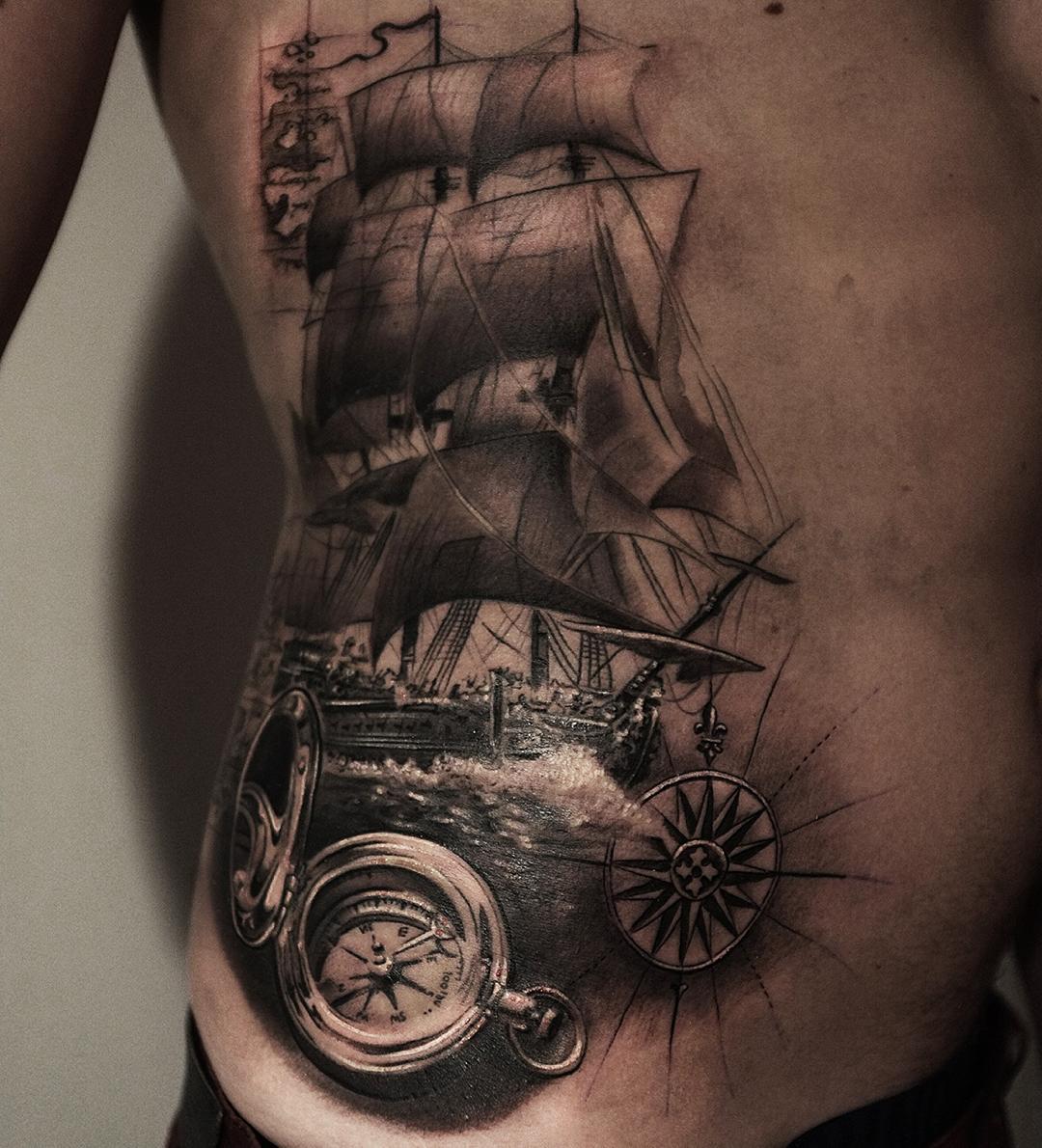 great nautical tattoo plot -sailing ship and all ather nautical elements here are awesome