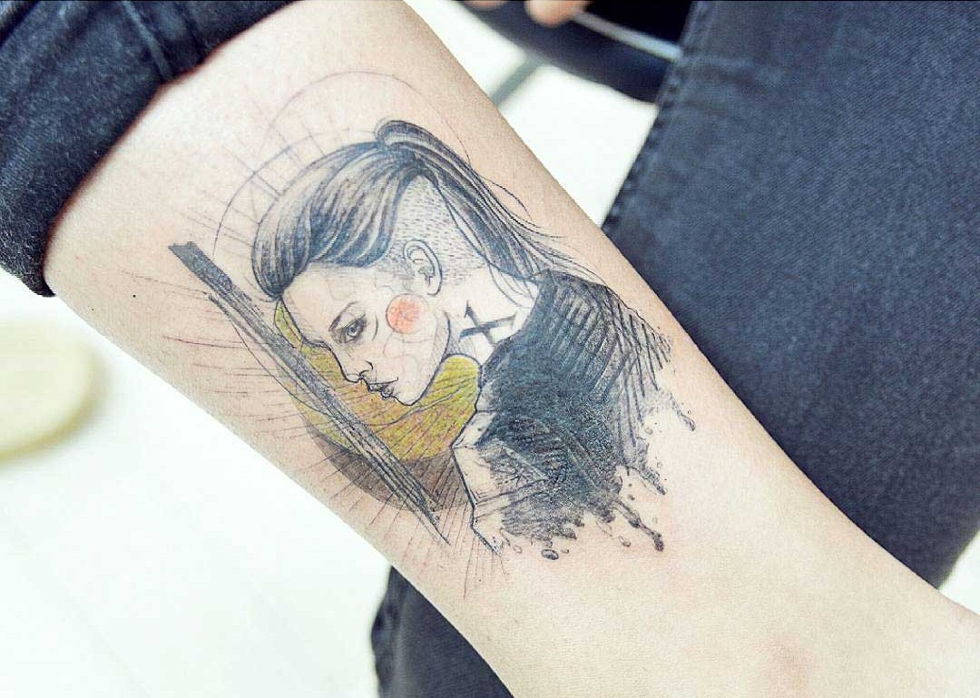 a girl warrior tattoo in the style of the pencil drawn