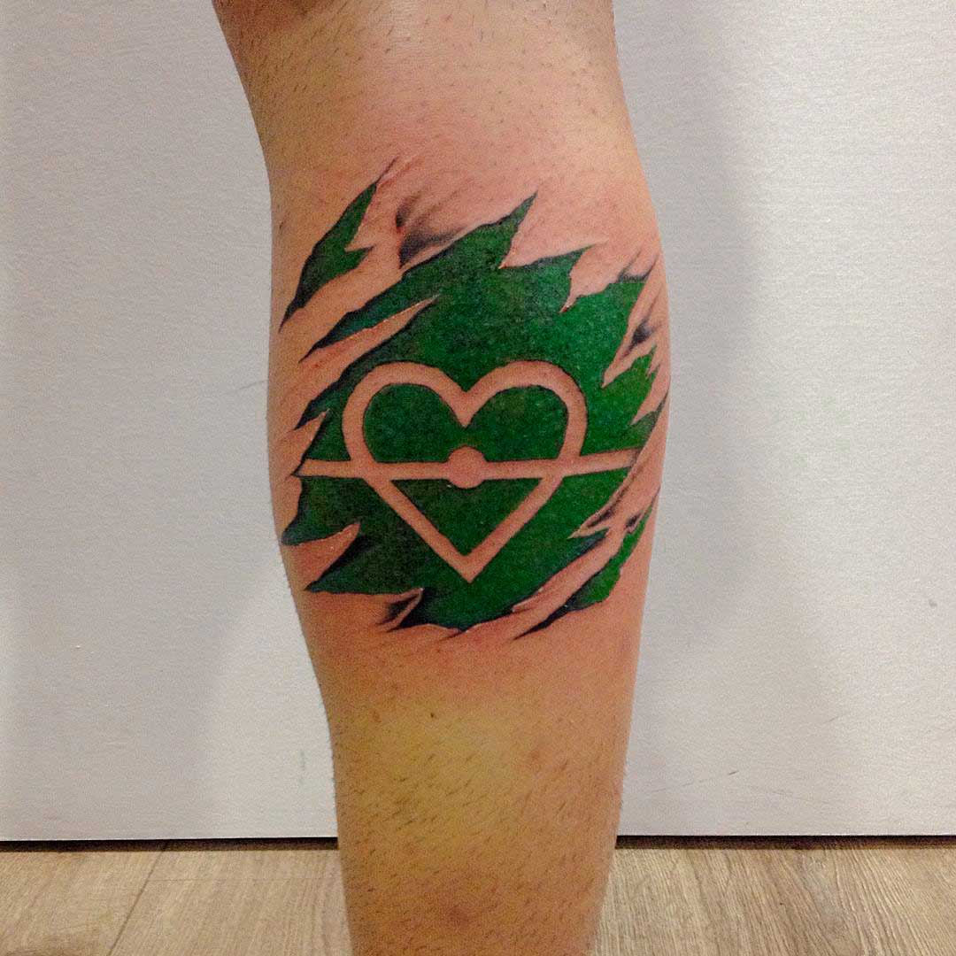 heart shaped soccer field lines tattoo on calf