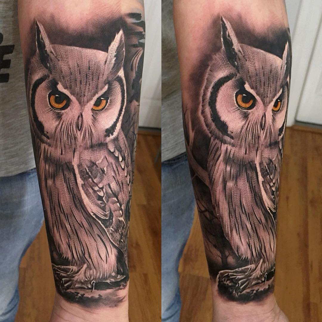 cool realistic owl tattoo on arm