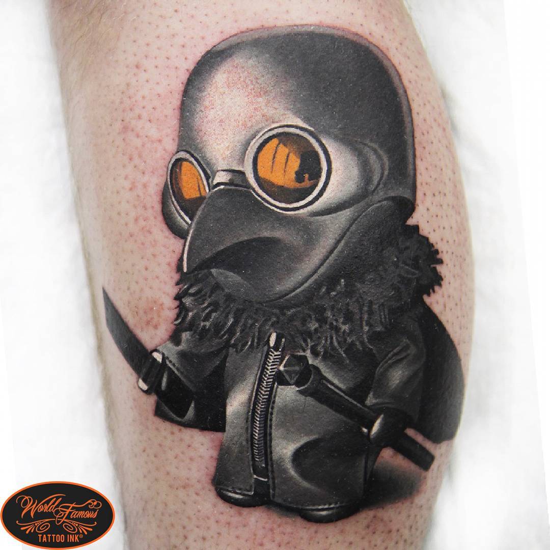 the cute but black and grey version of the plague doctor tattoo on leg
