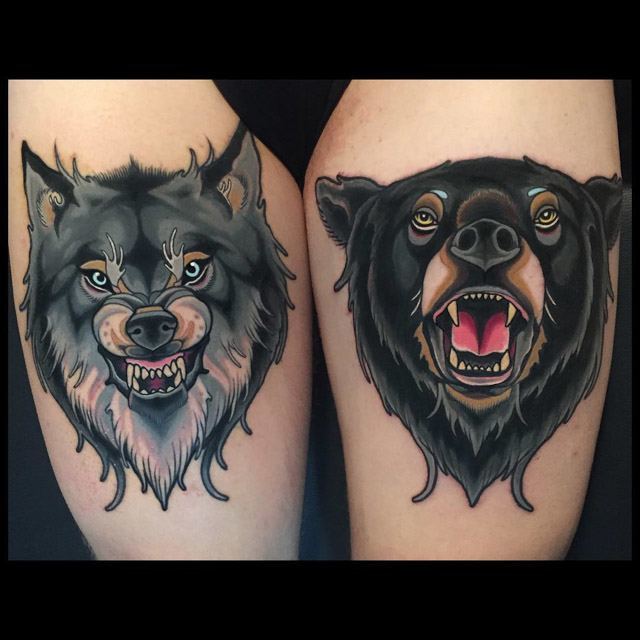 thigh bear and wolf tattoos