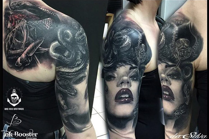 Shoulder realistic tattoo of Medusa