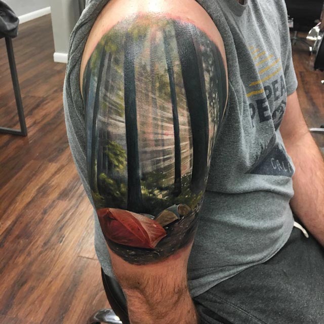 realistic forest landscape tattoo
