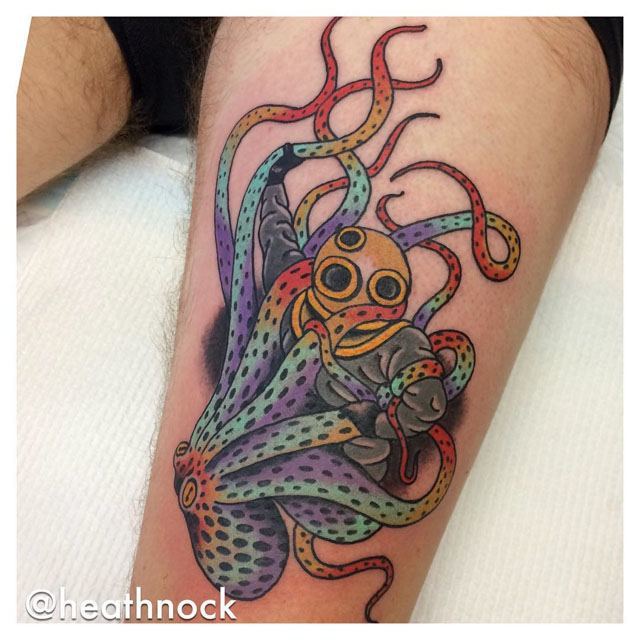 octopus fight tattoo thigh