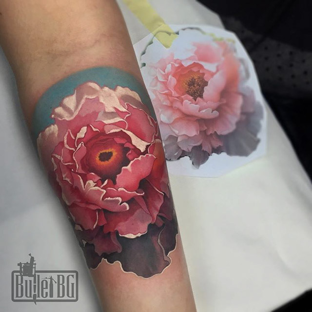 arm realistic peony tattoo