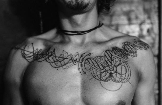 DNA spiral tattoo on chest