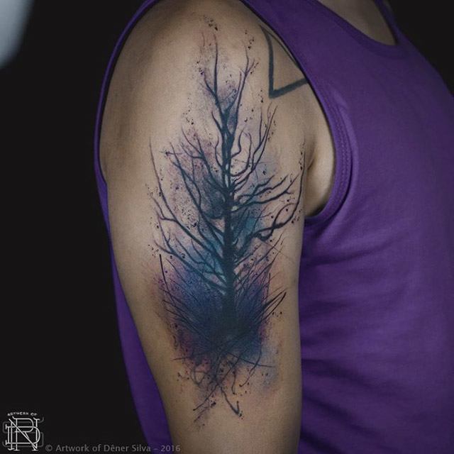 watercolor tree tattoo on shoulder