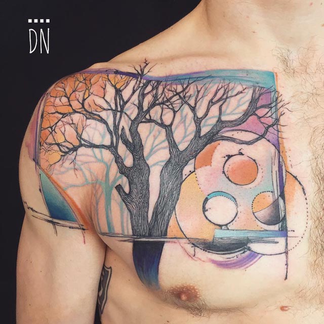 abstract tree tattoo on chest