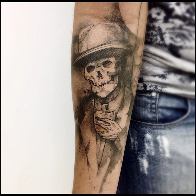 Skeleton Tattoo with whiskey