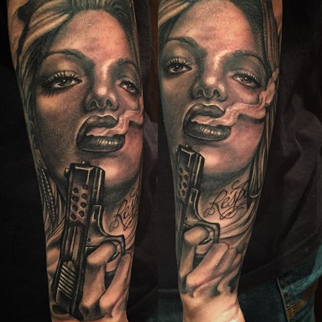 smoking gun girl tattoo Chicano