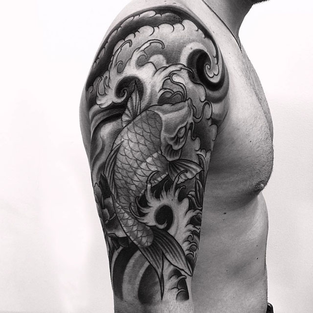 black and grey Japanese tattoo on shoulder