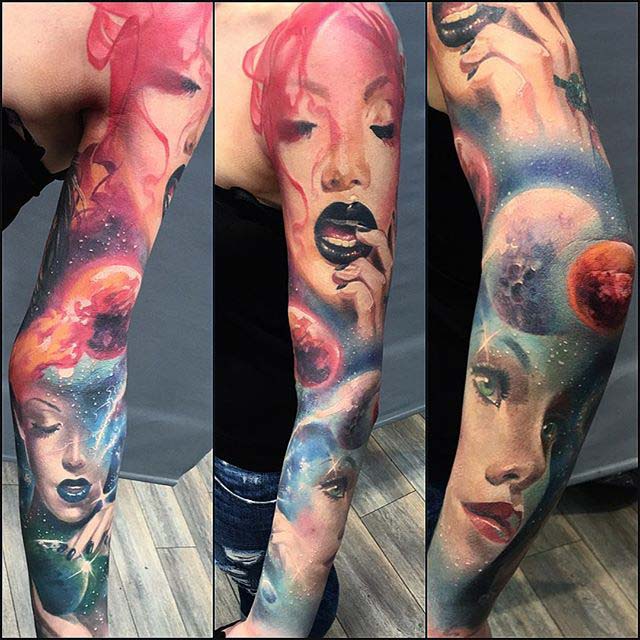 girls space planets tattoo sleeve