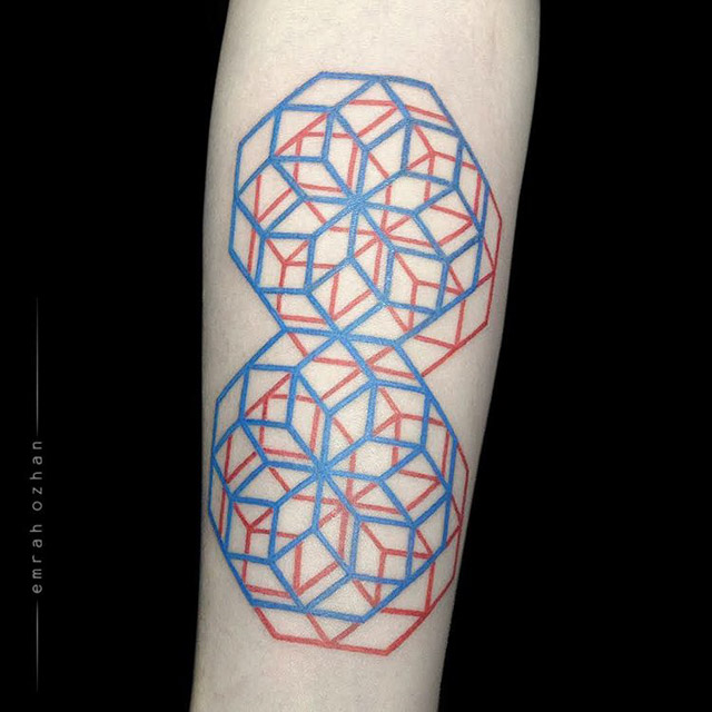 geometrical red and blue tattoo