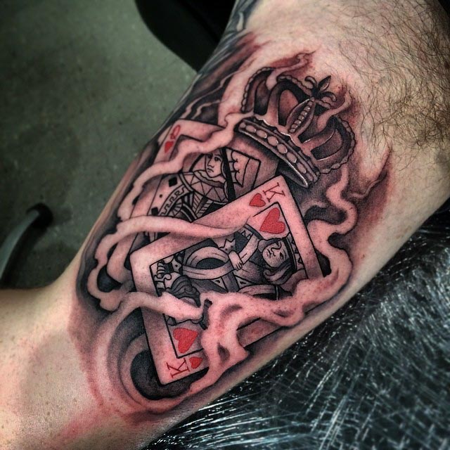 Bicep Tattoo King and Queen of Hearts by km_tattoo