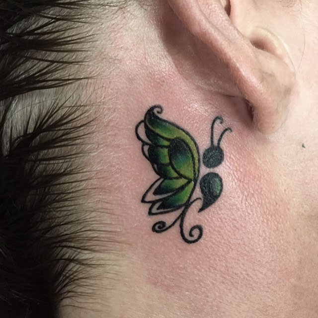 green Butterfly Tattoo Behind The Ear