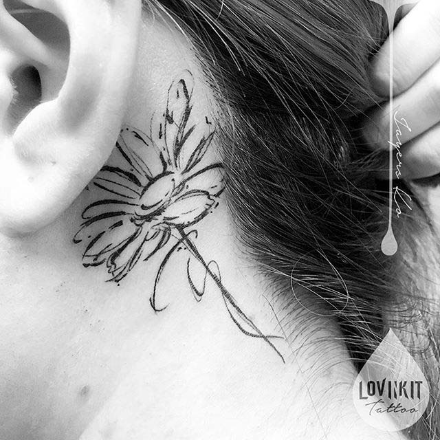 black and white Daisy Tattoo Behind Ear