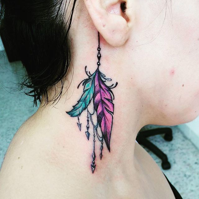 watercolor Feather Behind Ear Tattoo