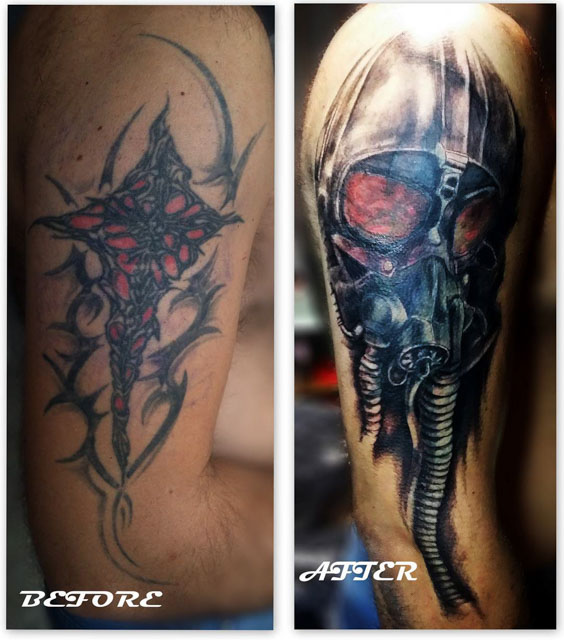 Gas Mask Shoulder Tattoo Cover-Up by Andrzej Cymon