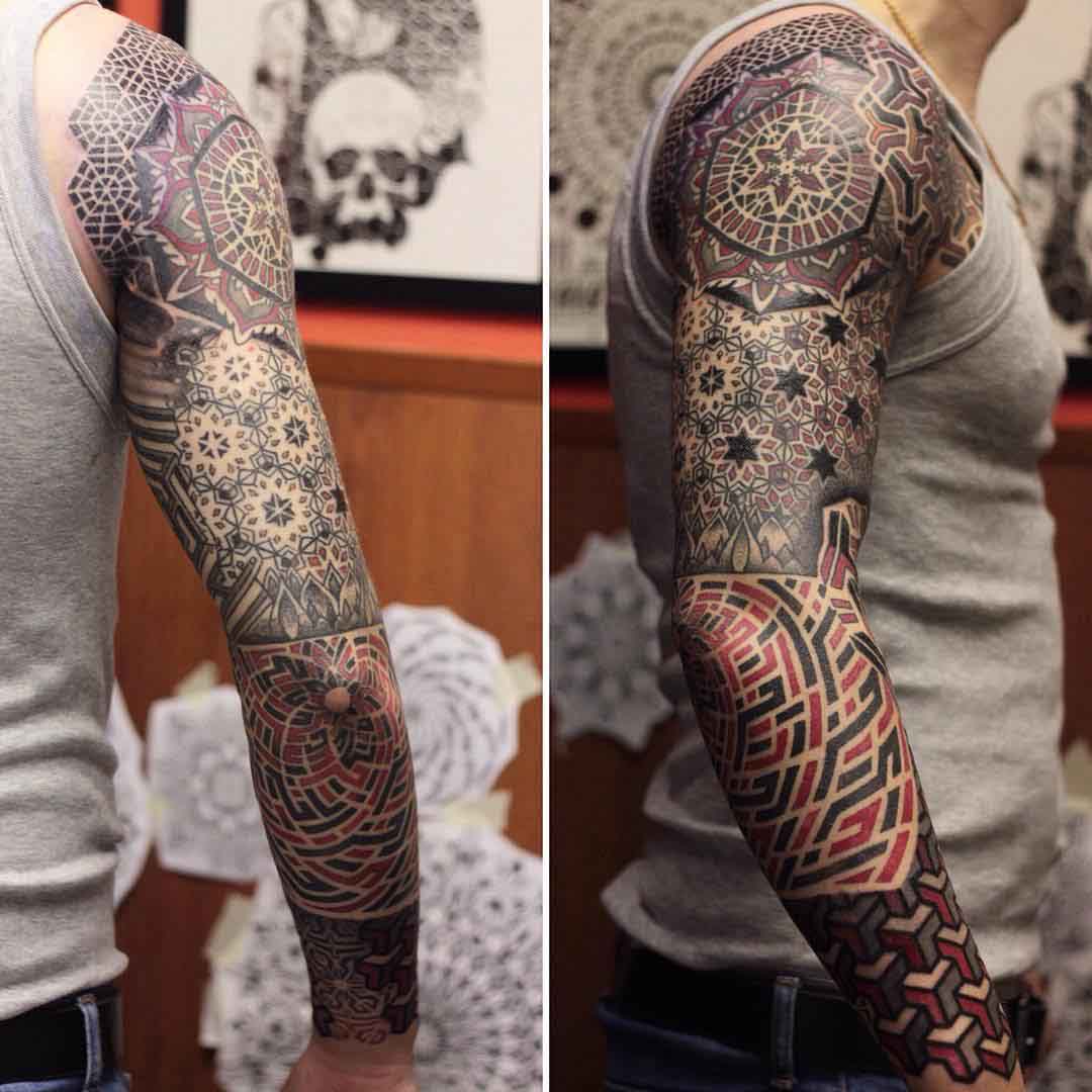 full arm tattoo sleeve dotwork