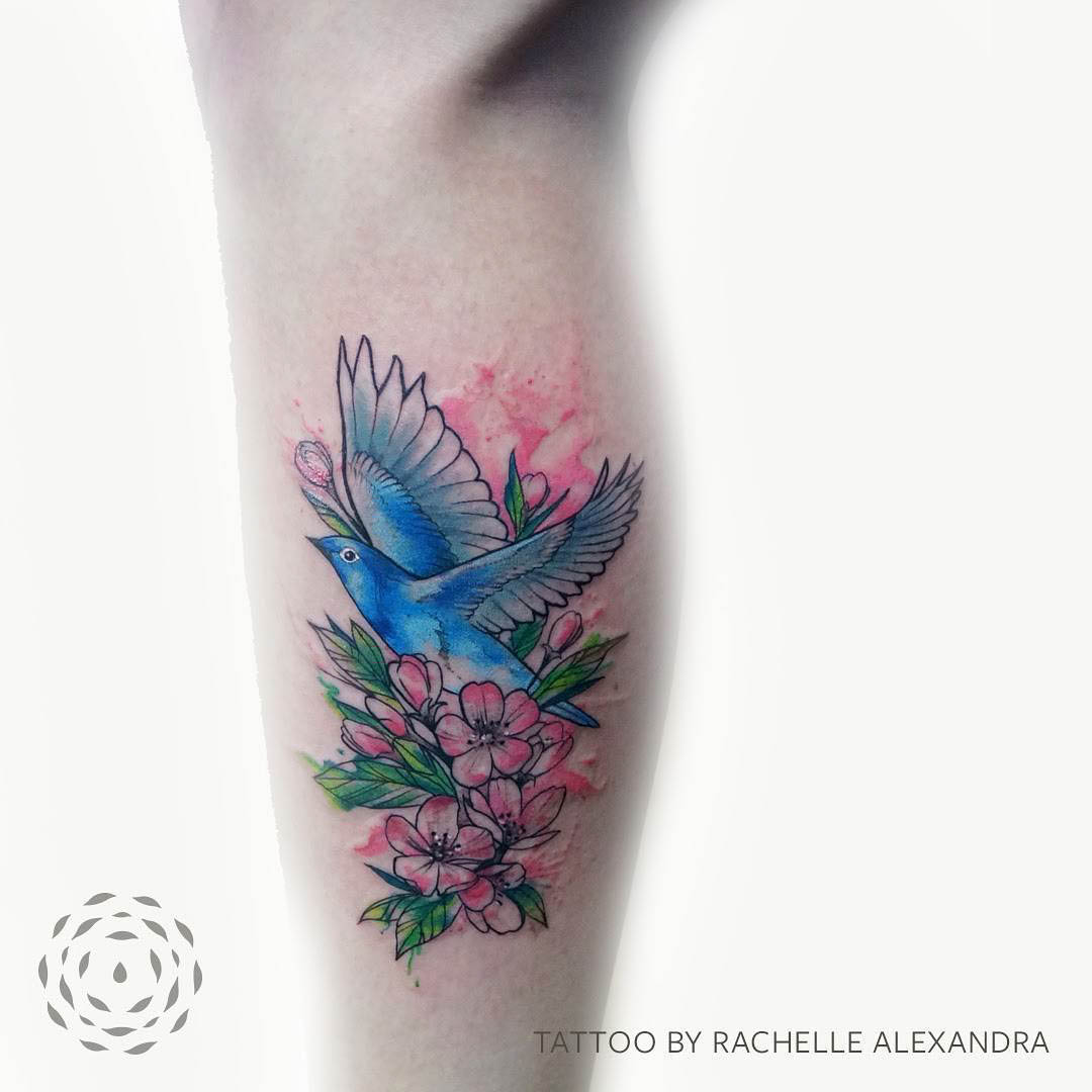 Cherry Blossom and Bird Tattoo by xandra.ink