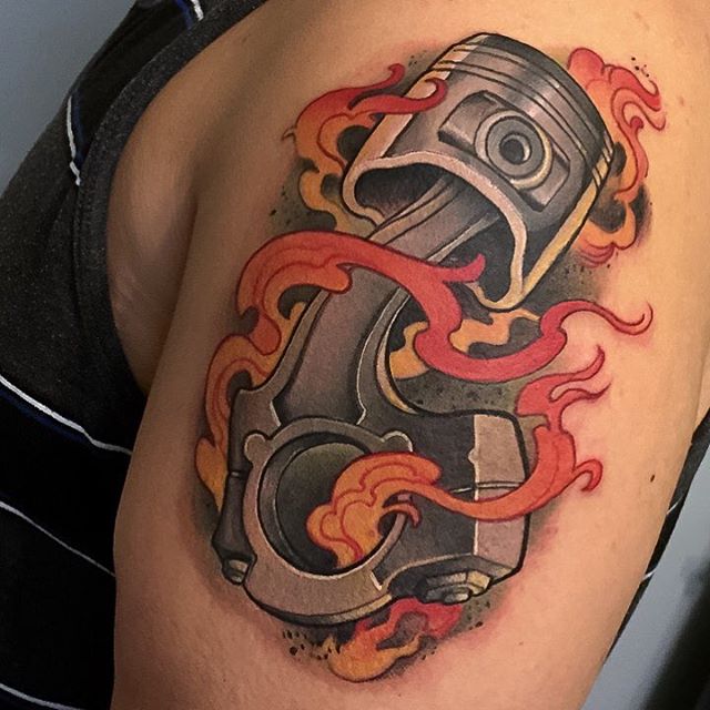 Flaming Piston Tattoo by jeremymiller