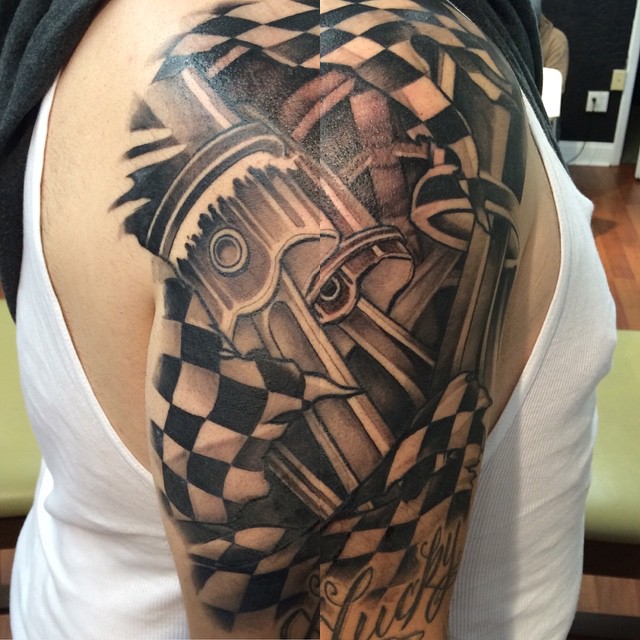 Racing Pistons Tattoo on Shoulder by 0ncoming_storm