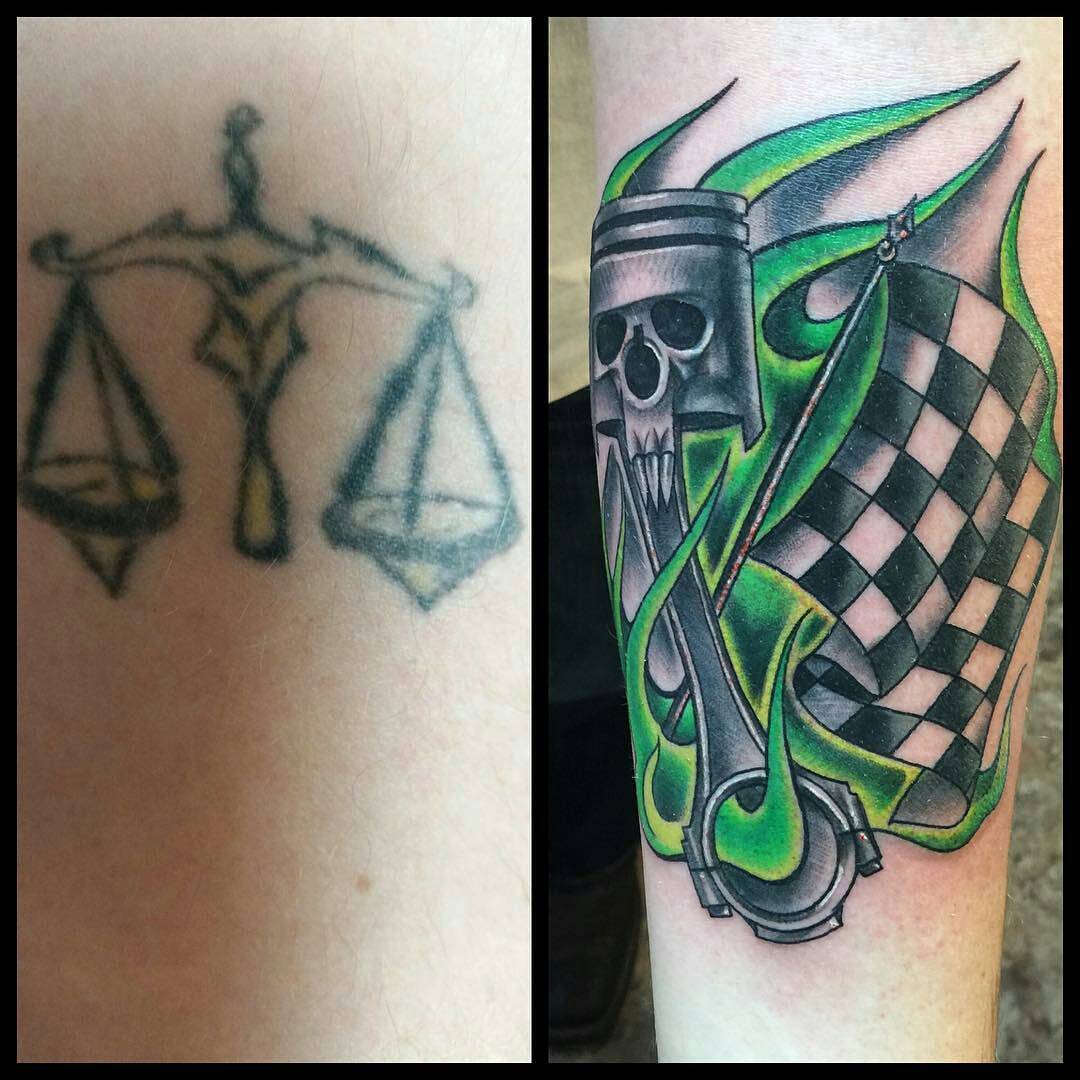 Racing Tattoo Cover Up by @dejahtattoos