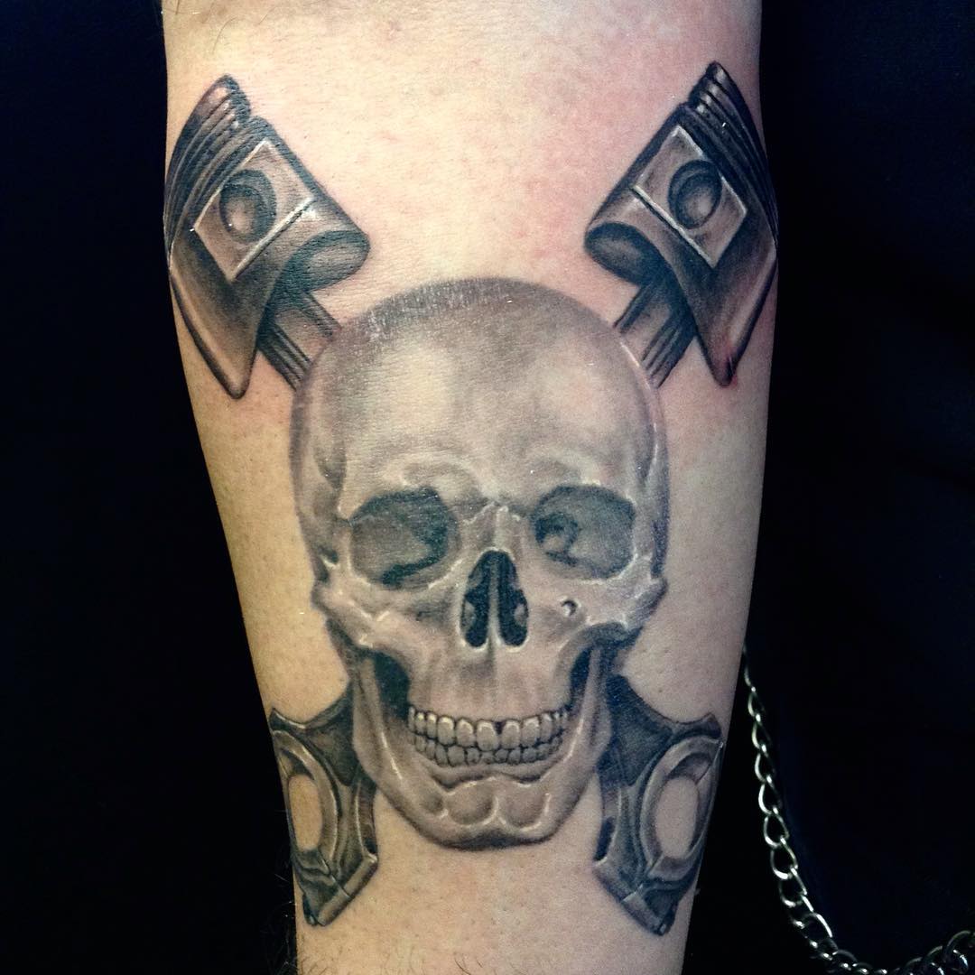 Skull with Pistons Tattoo by josemunoztattz