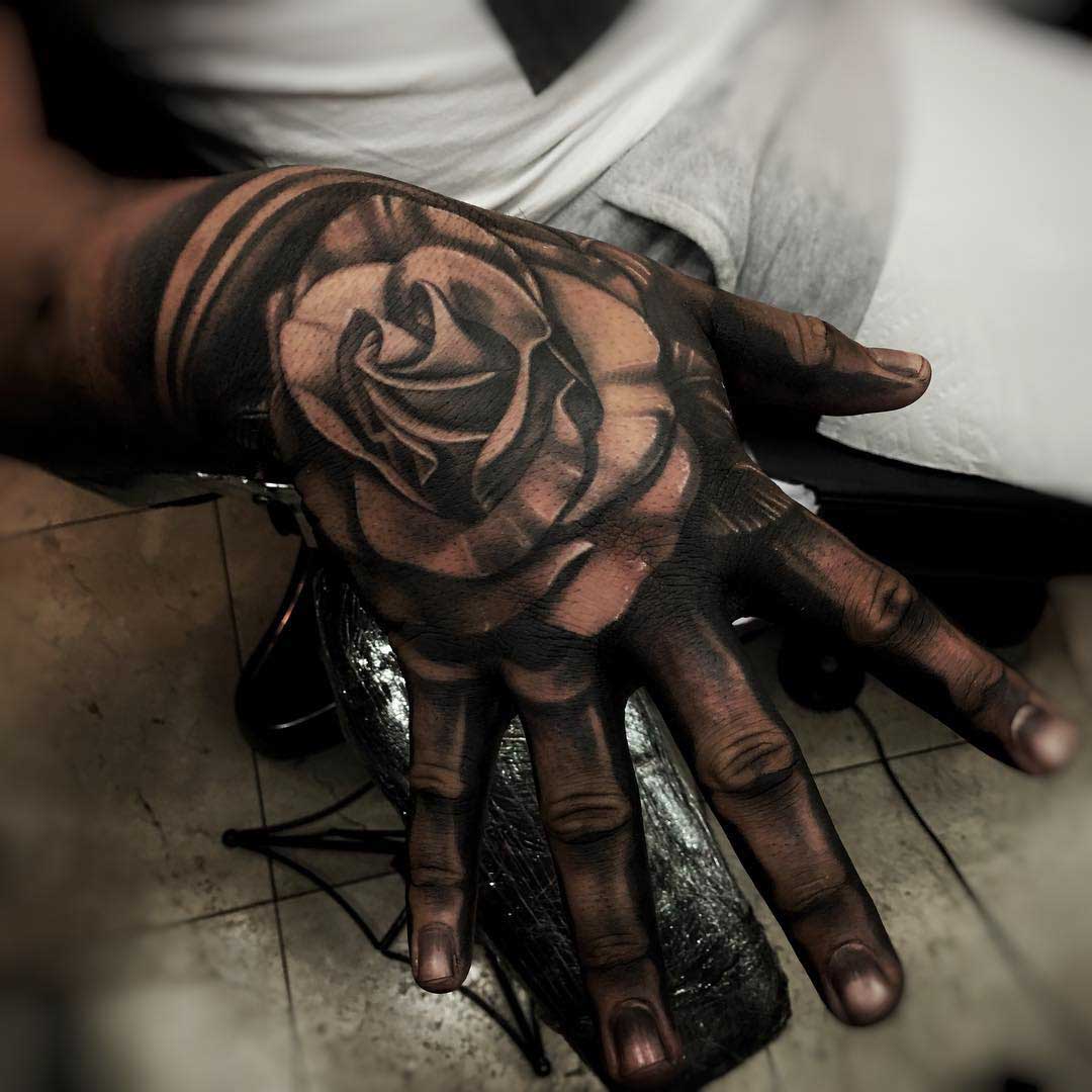 full hand grey tattoo rose