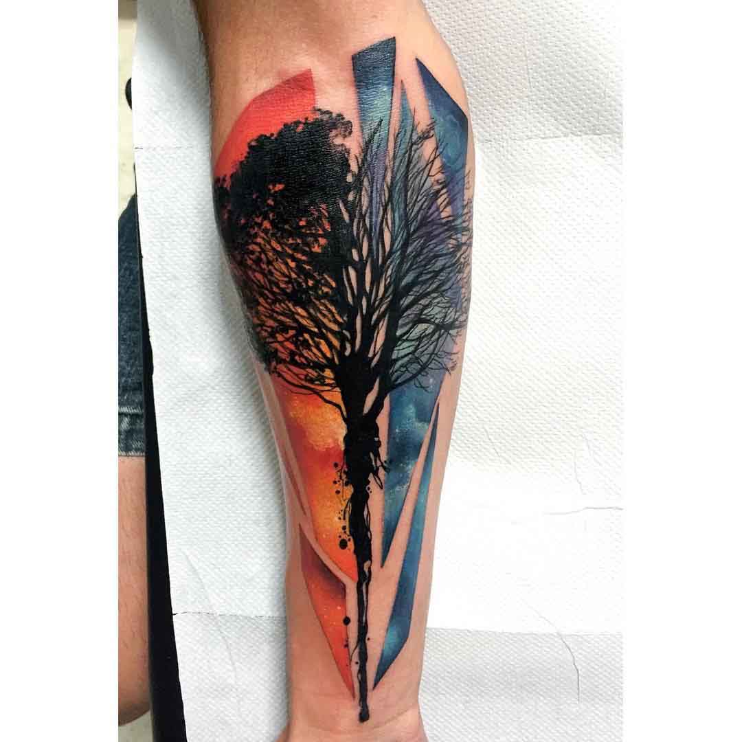 red and blue tree silhouette tattoo