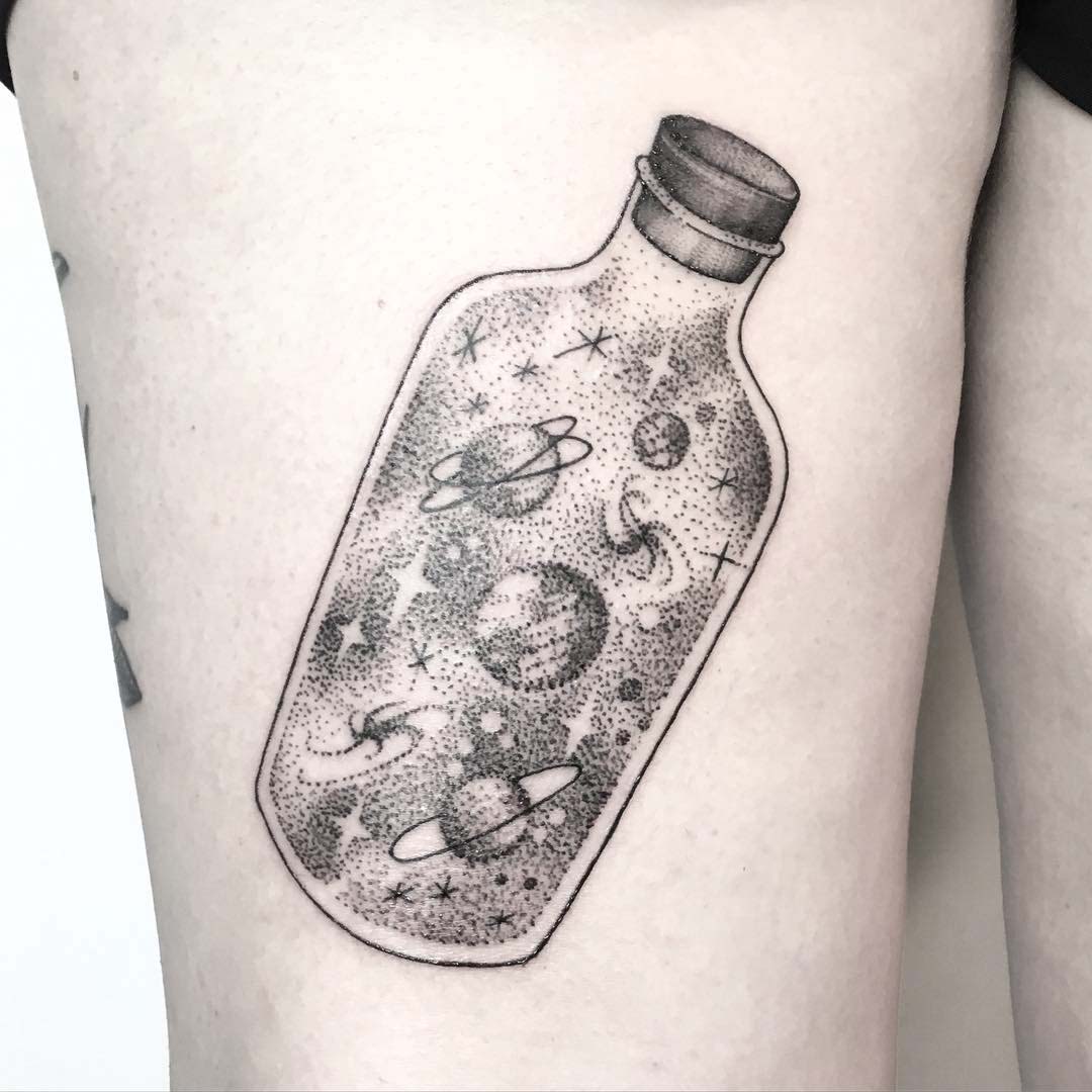 dotwork tattoo universe in a bottle