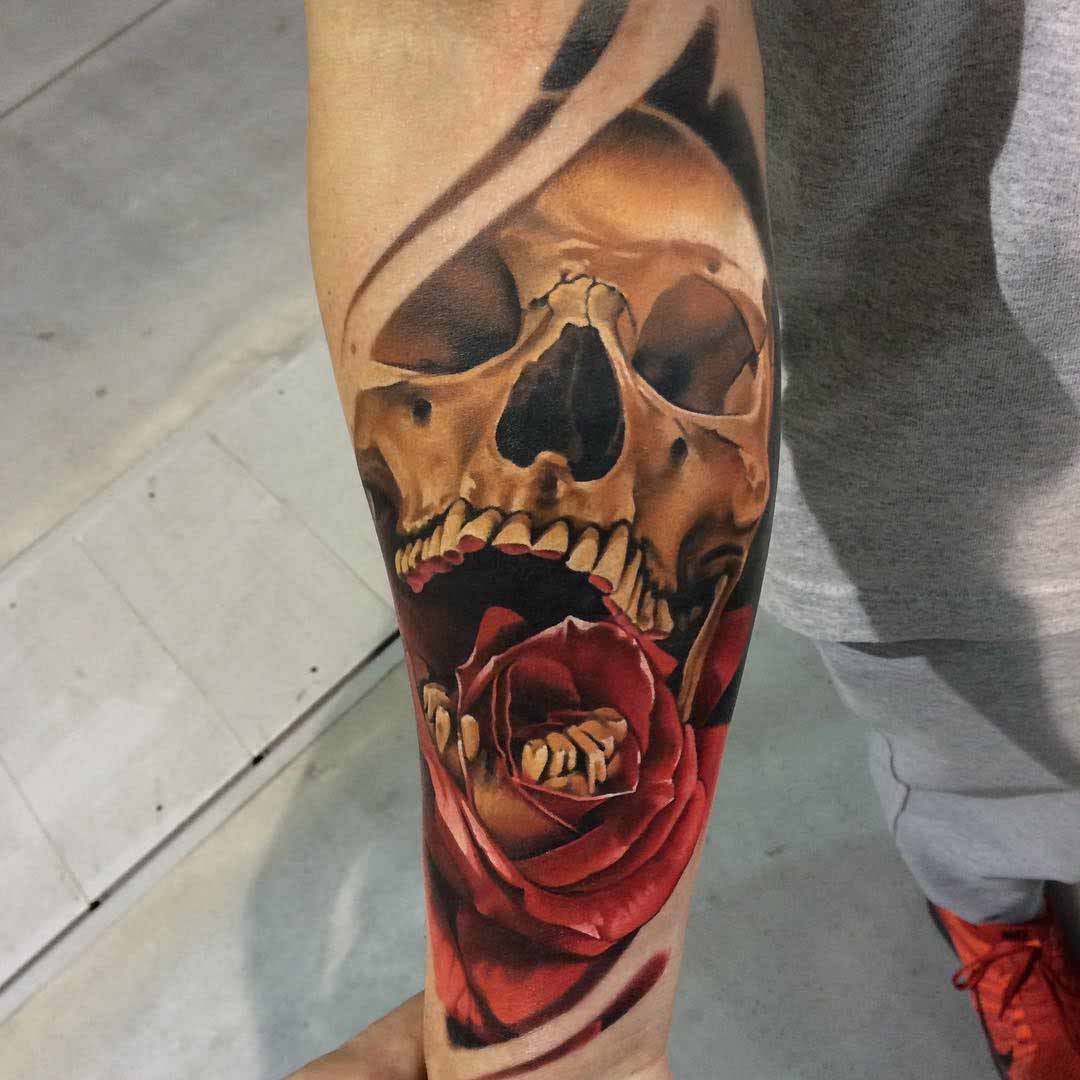 red rose and skull tattoo