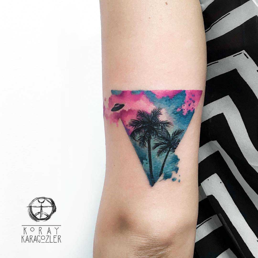 triangle tattoo palm trees with UFO