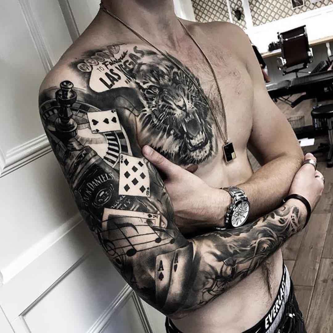 gambler tattoo sleeve and chest piece tiger