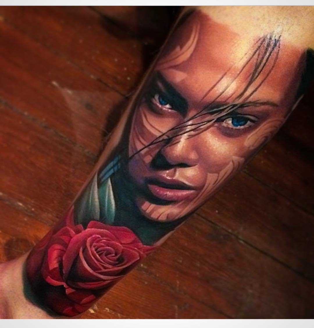 realistic forearm tattoo girl and rose