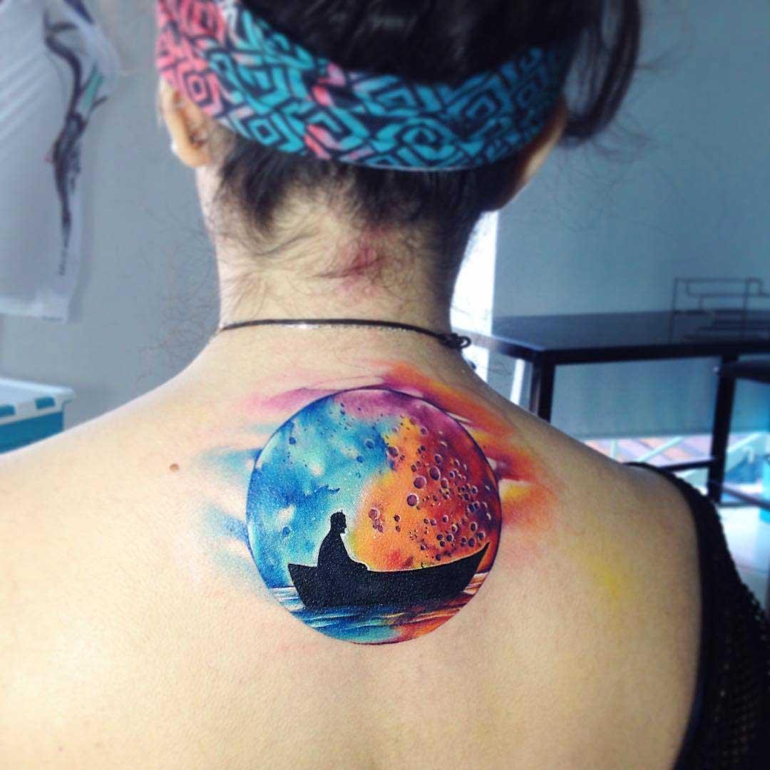 watercolor moon tattoo on back