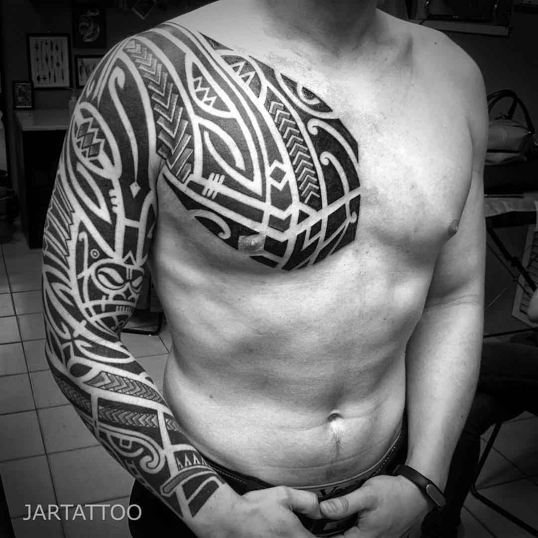 Chest Sleeve Tattoo Polynesian