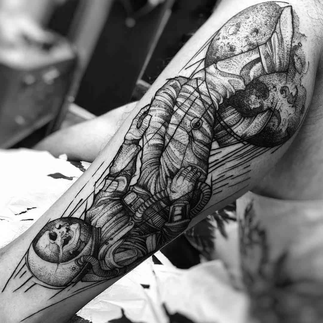 leg tattoo dotwork astronaut