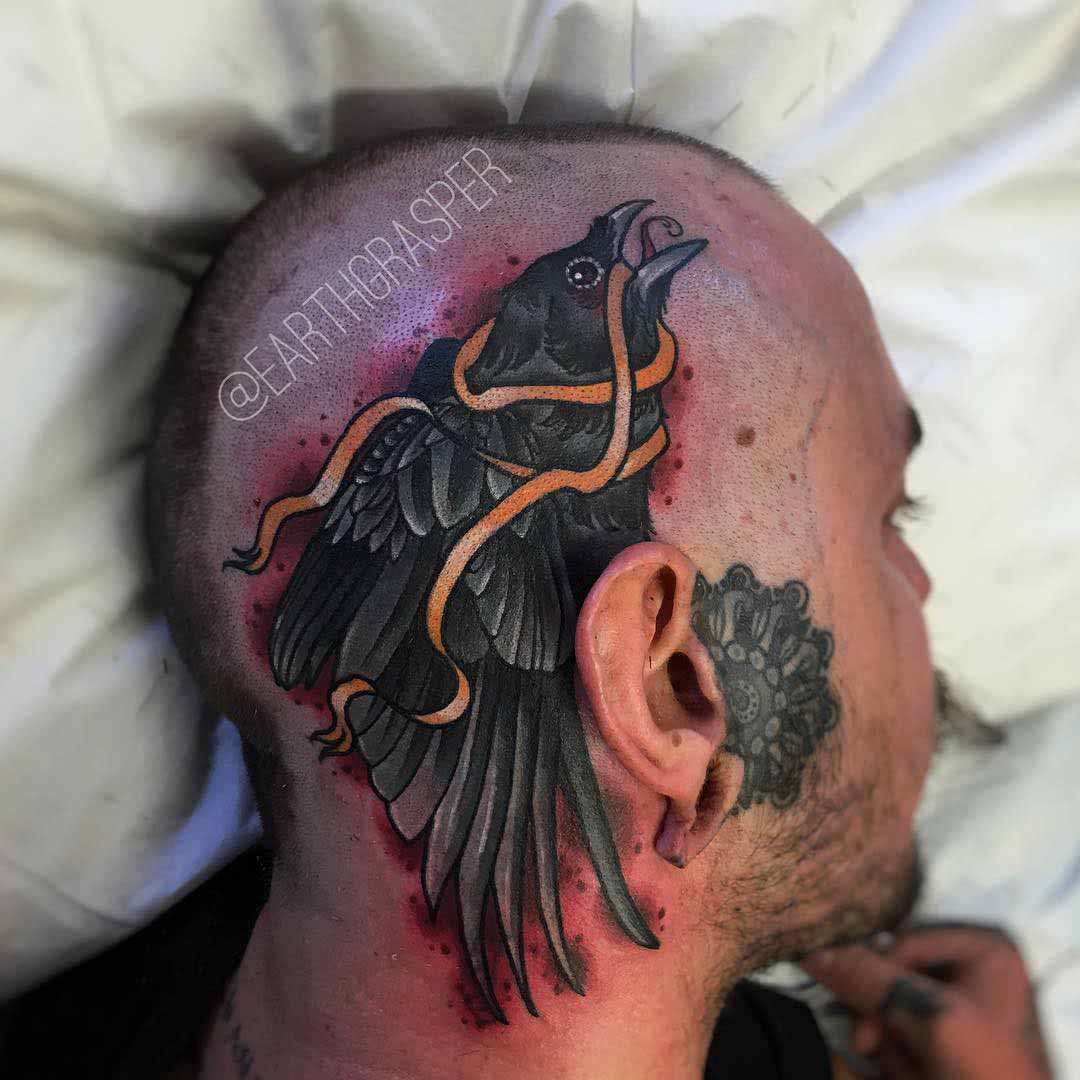 side head tattoo crow