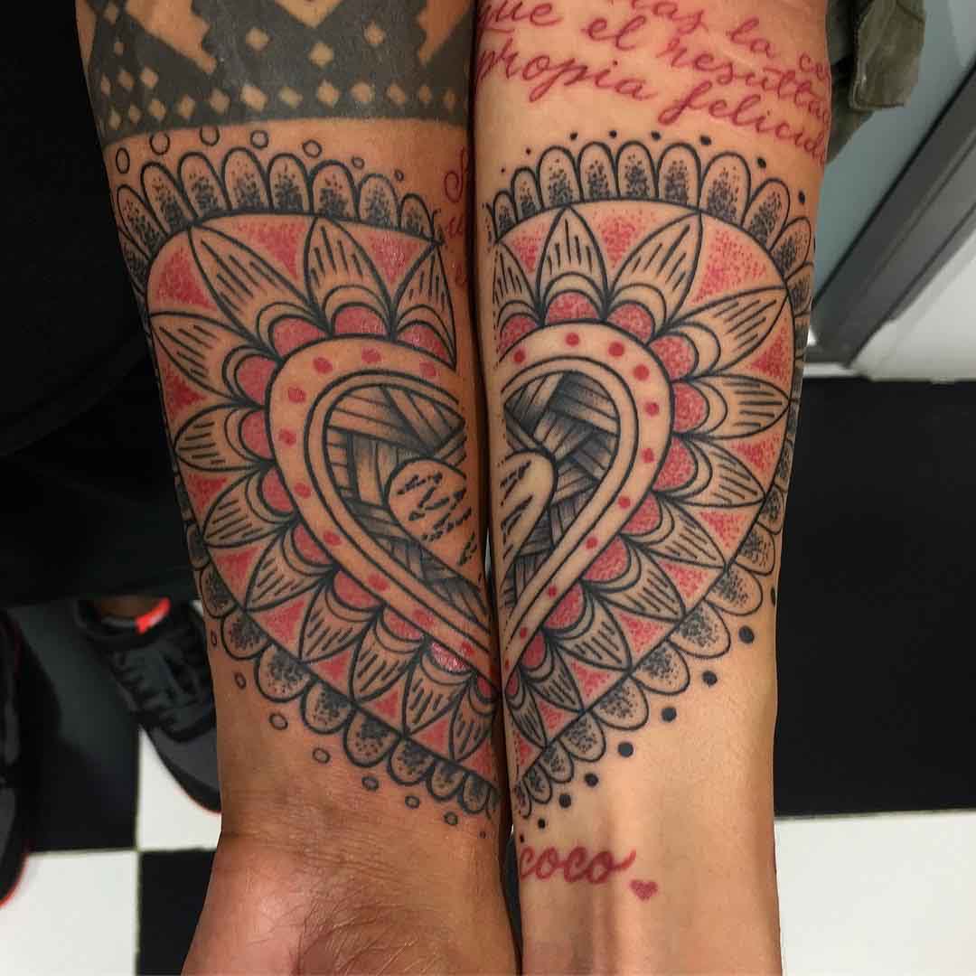 matching heart dotwork tattoo couples
