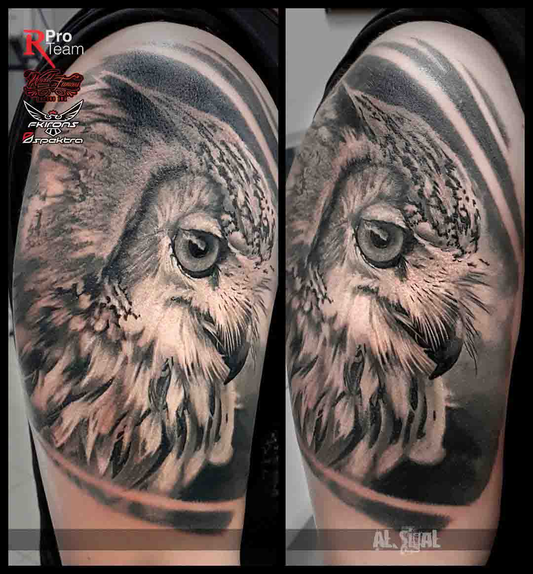 shoulder owl head tattoo