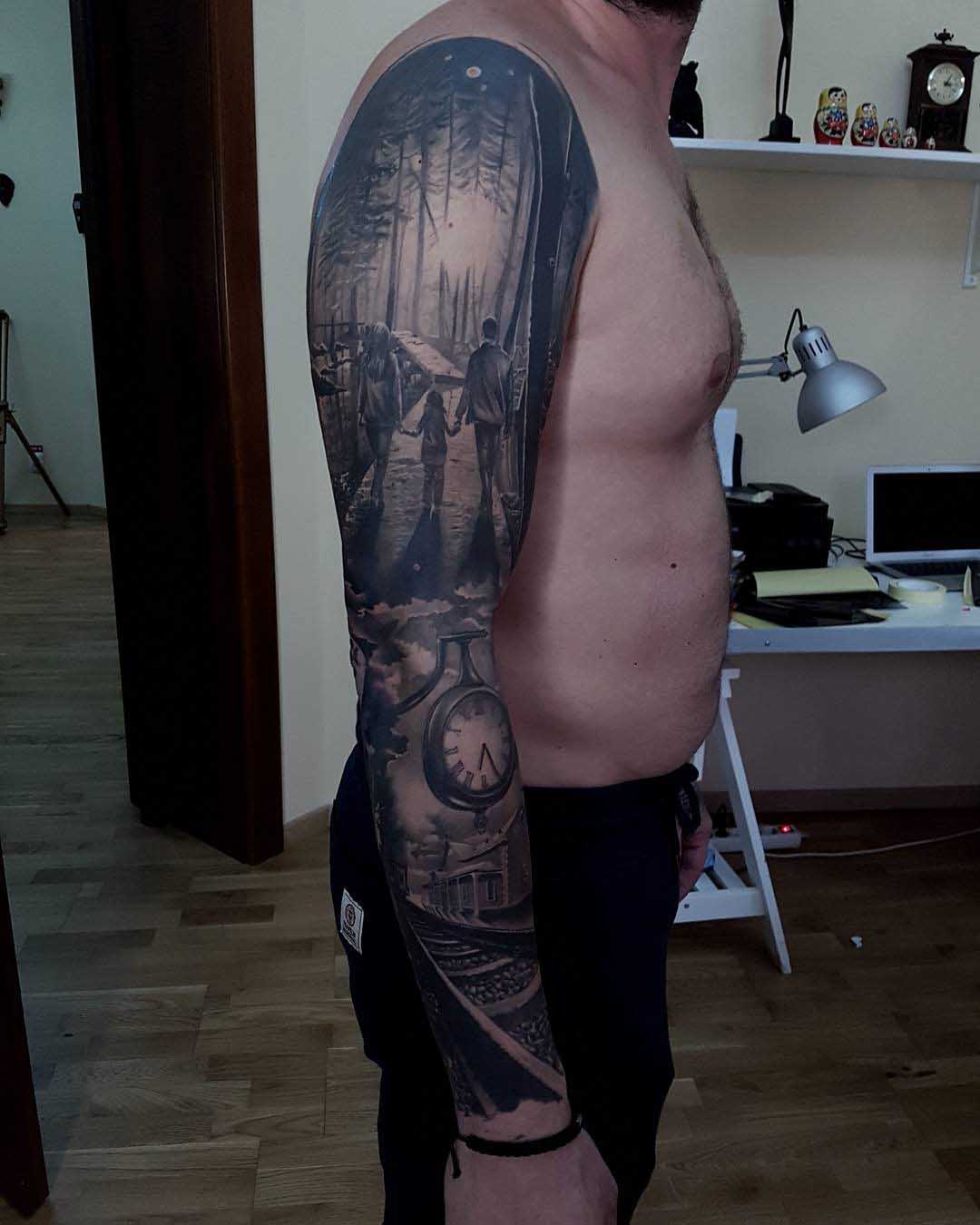 cool picture tattoo sleeve black and grey