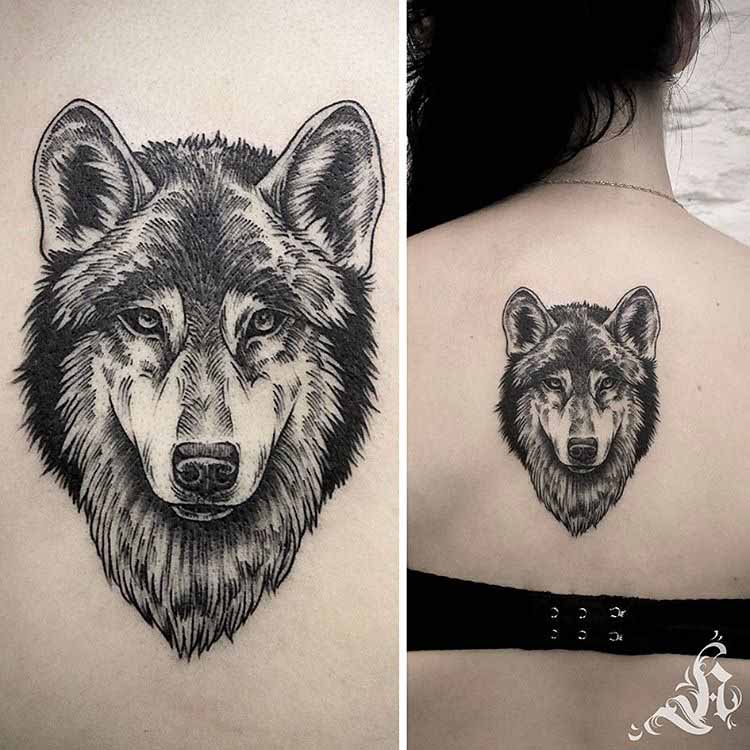 back tattoo wolf face